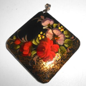 Pendant rhombus: Flowers with gold on black Babushka Matryoshka Babooshki Babushkas