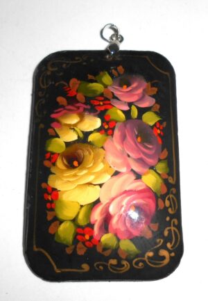 Pendant rectangle: Pink Roses on black Babushka Matryoshka Babooshki Babushkas