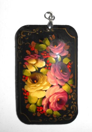 Pendant rectangle: Pink Roses on black Babooshki s