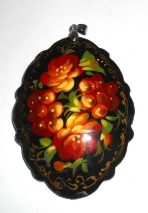 Pendant fancy oval: Red Rowan on black Babushka Matryoshka Babooshki Babushkas