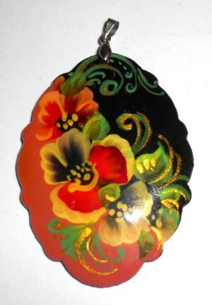 Pendant fancy oval: Flowers on black & red Babushka Matryoshka Babooshki Babushkas