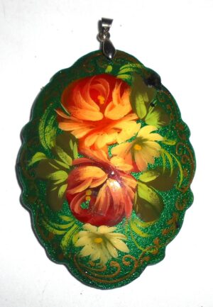 Pendant fancy oval: Various roses on sparkling green Babushka Matryoshka Babooshki Babushkas