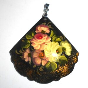 Pendant fan shape: Roses on black Babushka Matryoshka Babooshki Babushkas