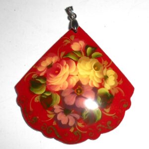 Pendant fan shape: Flowers on red Babushka Matryoshka Babooshki Babushkas