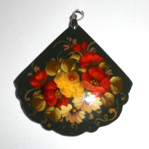 Pendant fan shape: Flowers on dark green Babushka Matryoshka Babooshki Babushkas