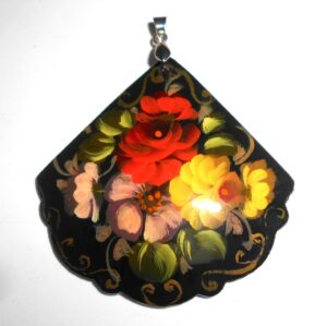 Pendant fan shape: Flowers on black Babushka Matryoshka Babooshki Babushkas