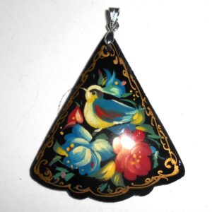 Pendant fan shape: Bird on black Babushka Matryoshka Babooshki Babushkas