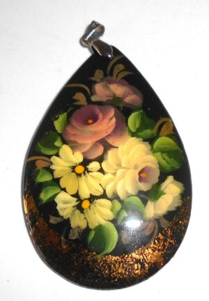 Pendant drop shape: Pale roses on black Babushka Matryoshka Babooshki Babushkas