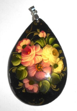 Pendant drop shape: Pale Flowers on black Babushka Matryoshka Babooshki Babushkas