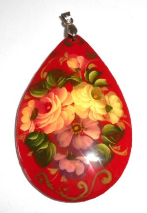 Pendant drop shape: Flowers on red Babushka Matryoshka Babooshki Babushkas