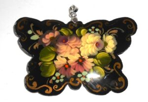 Pendant butterfly shape: Pale roses on black Babushka Matryoshka Babooshki Babushkas