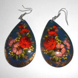Earrings drop shape: 'Red Rose' on blue Babushka Matryoshka Babooshki Babushkas