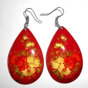 Earrings drop shape: 'Red & white Roses' on red Babushka Matryoshka Babooshki Babushkas
