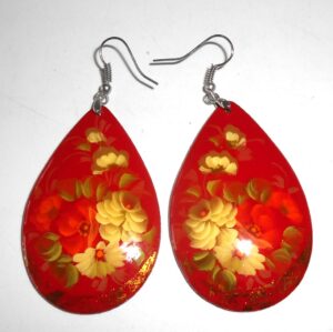 Earrings drop shape: ‘Red & white Roses’ on red Babooshki s
