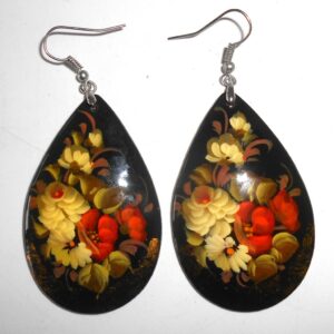 Earrings drop shape: 'Flowers' on black Babushka Matryoshka Babooshki Babushkas