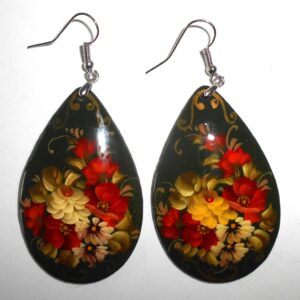 Earrings drop shape: 'Rose & poppies' on black Babushka Matryoshka Babooshki Babushkas