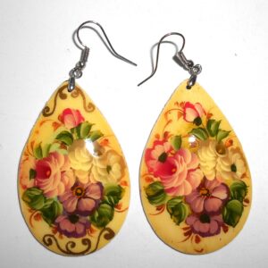 Earrings drop shape: 'Flowers' on light yellow Babushka Matryoshka Babooshki Babushkas