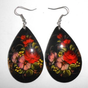 Earrings drop shape: 'Rose & poppies' on black Babushka Matryoshka Babooshki Babushkas