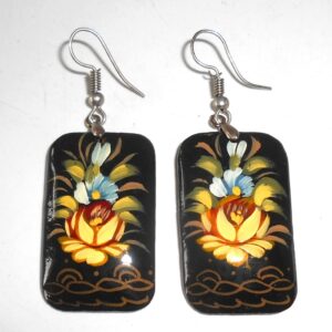 Earrings rectangle shape: 'Yellow rose' on black Babushka Matryoshka Babooshki Babushkas