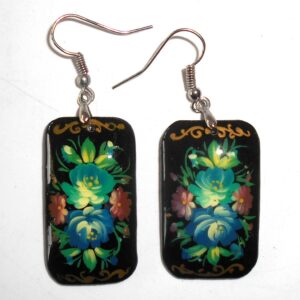 Earrings rectangle shape: 'Blue Roses' on black Babushka Matryoshka Babooshki Babushkas