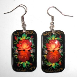Earrings rectangle shape: 'Red Roses' on black Babushka Matryoshka Babooshki Babushkas