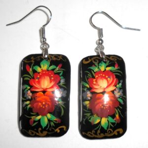 Earrings rectangle shape: ‘Red Roses’ on black Babooshki s