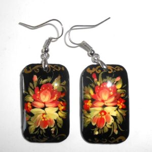 Earrings rectangle shape: 'Roses' on black Babushka Matryoshka Babooshki Babushkas