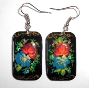 Earrings rectangle shape: 'Red & blue Roses' on black Babushka Matryoshka Babooshki Babushkas