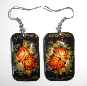 Earrings rectangle shape: 'Roses' on black Babushka Matryoshka Babooshki Babushkas