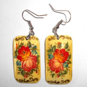 Earrings rectangle shape: 'Roses' on light yellow Babushka Matryoshka Babooshki Babushkas