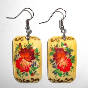 Earrings rectangle shape: 'Red Roses' on light yellow Babushka Matryoshka Babooshki Babushkas