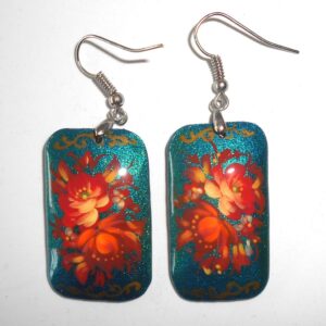 Earrings rectangle shape: 'Red Roses' on sparkling blue Babushka Matryoshka Babooshki Babushkas
