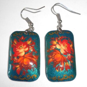 Earrings rectangle shape: ‘Red Roses’ on sparkling blue Babooshki s