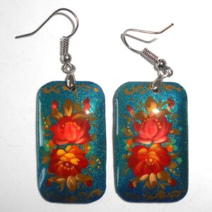 Earrings rectangle shape: 'Red Roses' on sparkling blue Babushka Matryoshka Babooshki Babushkas