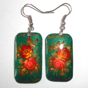 Earrings rectangle shape: 'Red Roses' on sparkling green Babushka Matryoshka Babooshki Babushkas