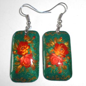Earrings rectangle shape: ‘Red Roses’ on sparkling green Babooshki s