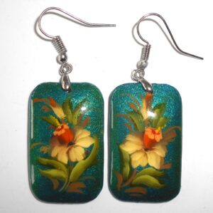 Earrings rectangle shape: 'White flower' on sparkling blue Babushka Matryoshka Babooshki Babushkas