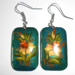 Earrings rectangle shape: ‘White flower’ on sparkling blue Babooshki s