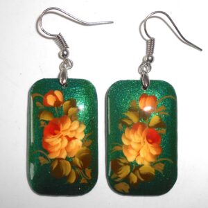 Earrings rectangle shape: 'Rose' on sparkling green Babushka Matryoshka Babooshki Babushkas