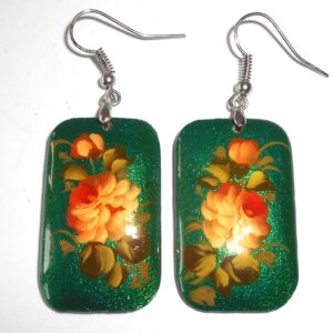 Earrings rectangle shape: ‘Rose’ on sparkling green Babooshki s