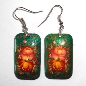 Earrings rectangle shape: 'Red Roses' on sparkling green Babushka Matryoshka Babooshki Babushkas