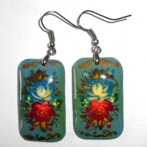 Earrings rectangle shape: 'Red & blue Roses' on pale blue Babushka Matryoshka Babooshki Babushkas