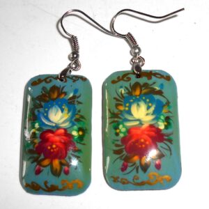 Earrings rectangle shape: ‘Red & blue Roses’ on pale blue Babooshki s