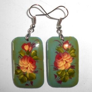 Earrings rectangle shape: 'Roses' on pale blue/green Babushka Matryoshka Babooshki Babushkas