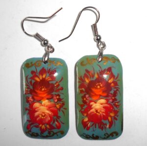 Earrings rectangle shape: 'Red Roses' on pale blue Babushka Matryoshka Babooshki Babushkas