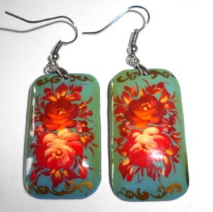 Earrings rectangle shape: ‘Red Roses’ on pale blue Babooshki s