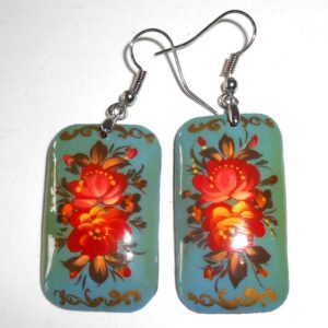 Earrings rectangle shape: ‘Red Roses’ on pale blue Babooshki s