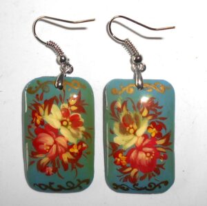 Earrings rectangle shape: 'Red & white Roses' on pale blue Babushka Matryoshka Babooshki Babushkas