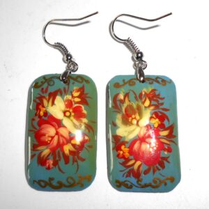 Earrings rectangle shape: ‘Red & white Roses’ on pale blue Babooshki s