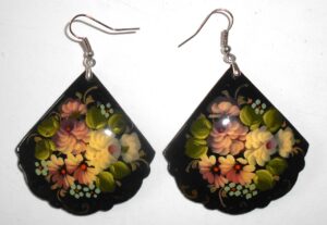 Earrings fan shape: 'Pale Flowers' on black Babushka Matryoshka Babooshki Babushkas